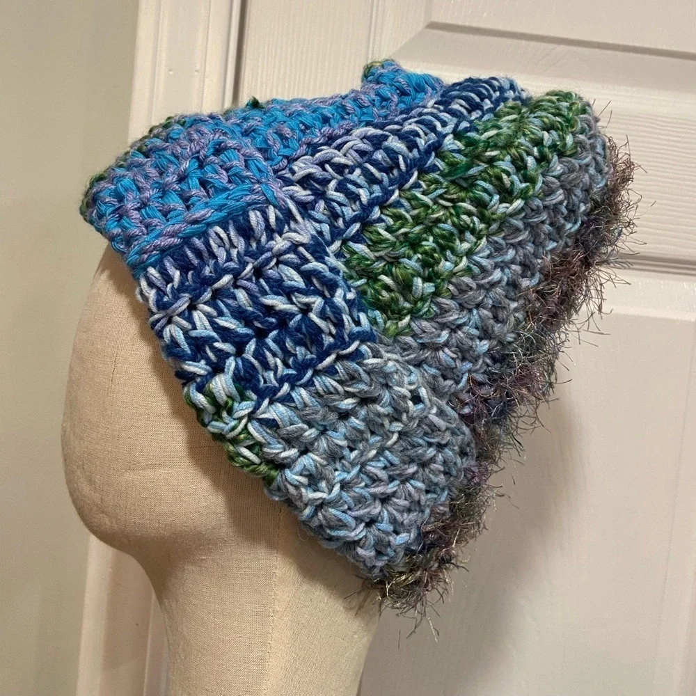 Handmade Crochet Chunky Ribbed Upcycled Multi Fiber Scrappy Yarn Beanie Hat
